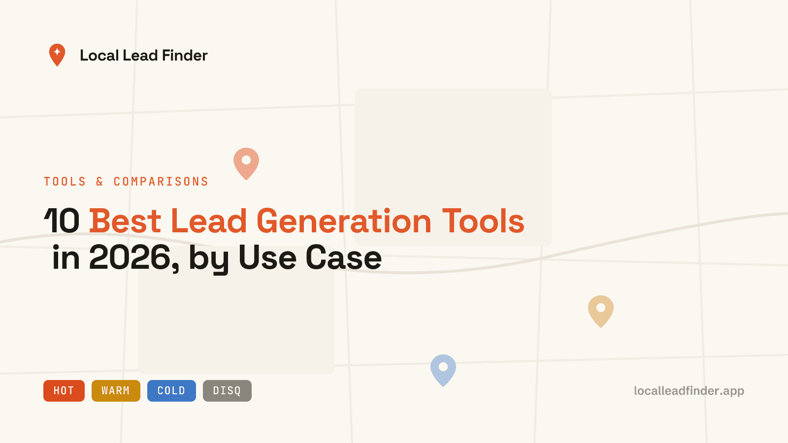 Ten lead generation tool logos arranged in a grid, grouped under use-case labels — enterprise database, email finder, local prospecting, cold outreach.