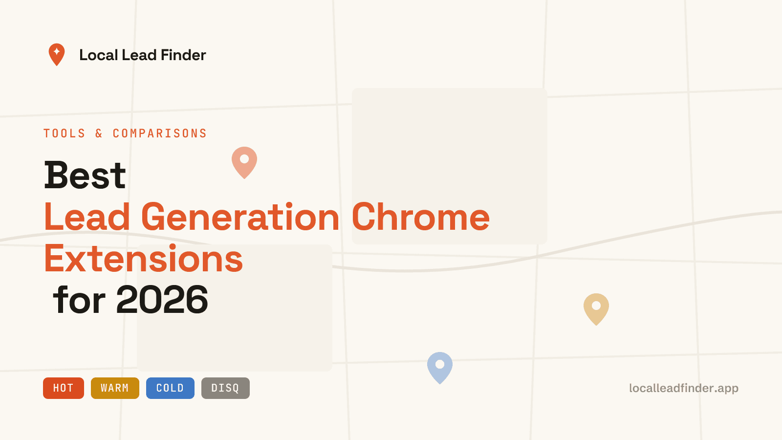 Six Chrome extension icons for sales prospecting pinned to a browser toolbar, grouped by where they work — LinkedIn, company websites, Google Maps.