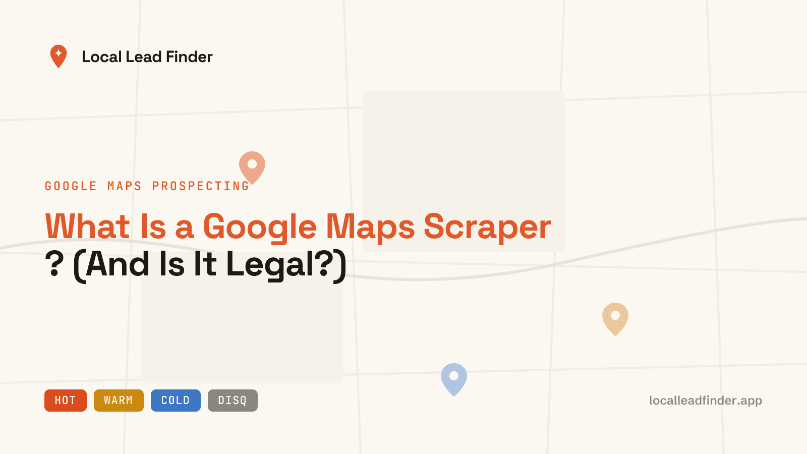A magnifying glass over a Google Maps results list, with extracted fields — name, rating, address, website, phone — flowing into a structured table.